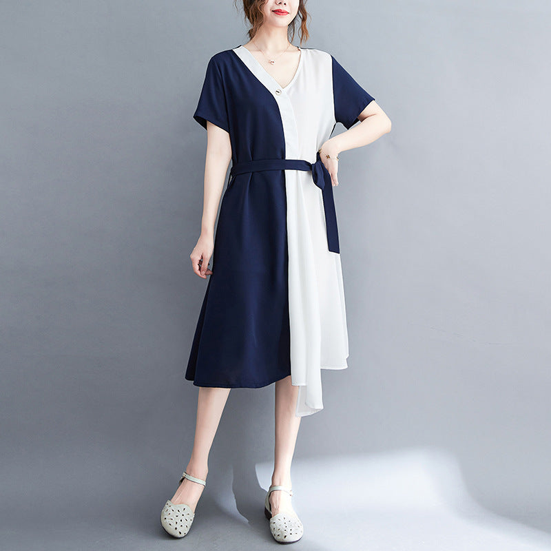 Color Matching Women's Outer Loose Slimming With Pockets V-neck Dress