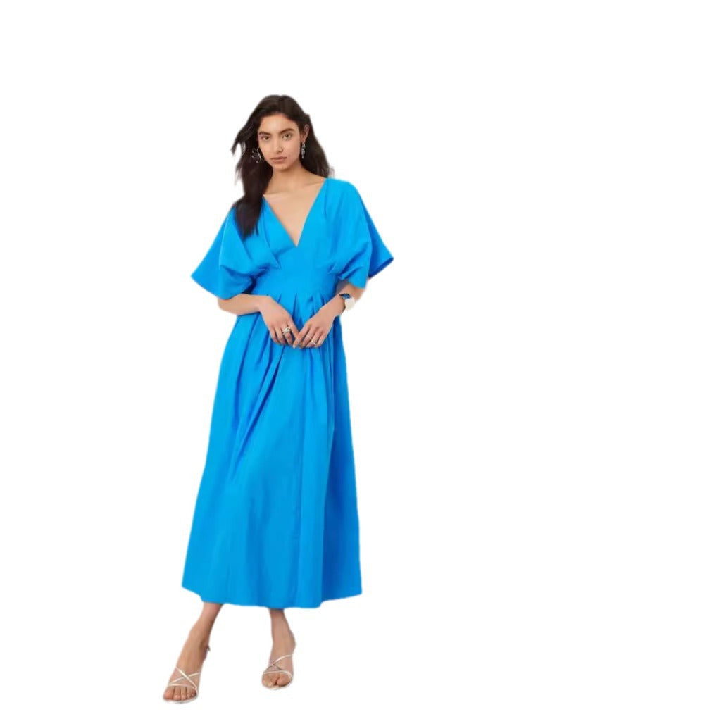 Blue V-neck Pleated Dress Loose And Elegant