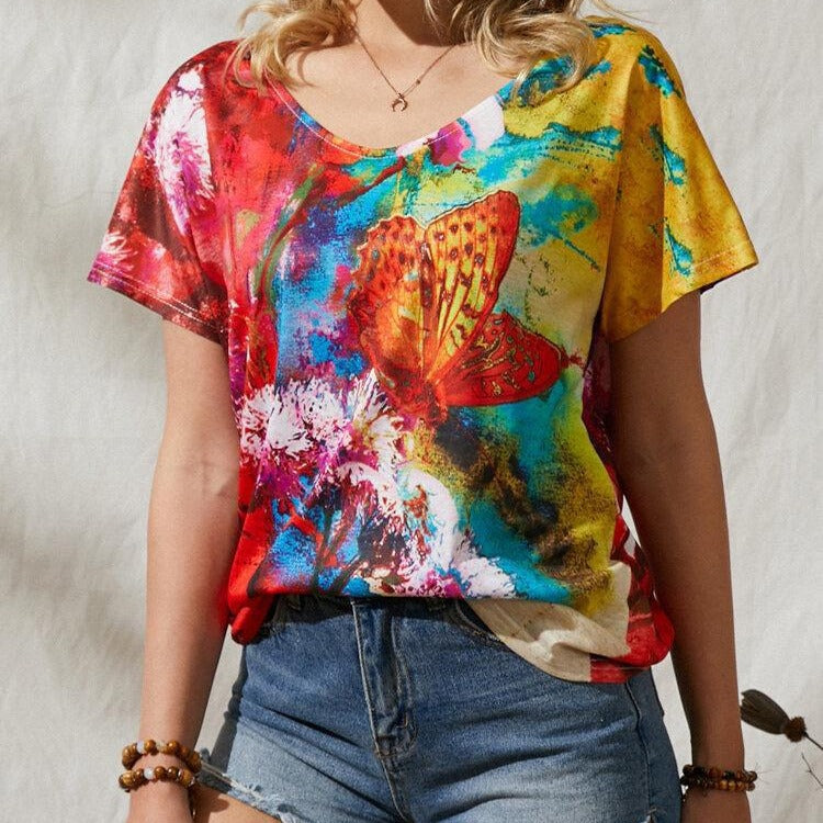 Butterfly Print Casual Style Short Sleeve Women