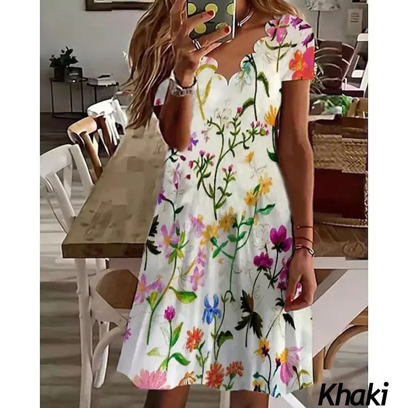 Printed Fluted Collar Short Sleeve Mid-length Dress