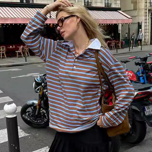 V-collar Contrast Color Striped Long Sleeve T-shirt Fashion