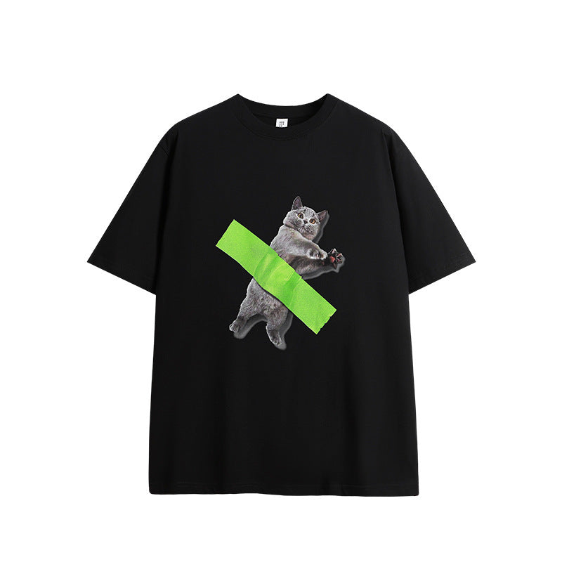 Tape Alien Cat Printed T-shirt Casual Loose