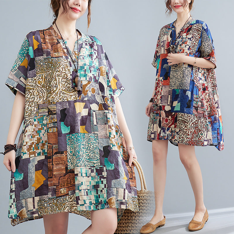 New Plus Size Cover Up Short Sleeve Abstract Print Dress