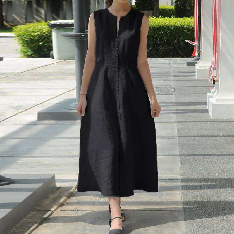 V-neck Waist-slimming Belt Cotton Linen Slit Hemline At Hem Sleeveless Dress