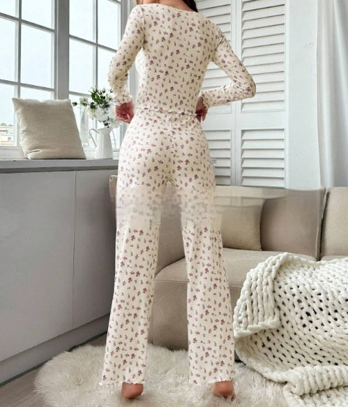 Small Floral Print Lettuce Edge Lace Collar Button Pajamas Suit