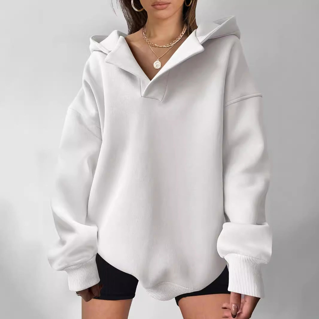 Women's Solid Color Long Sleeve Hooded Solid Color Loose Sweater