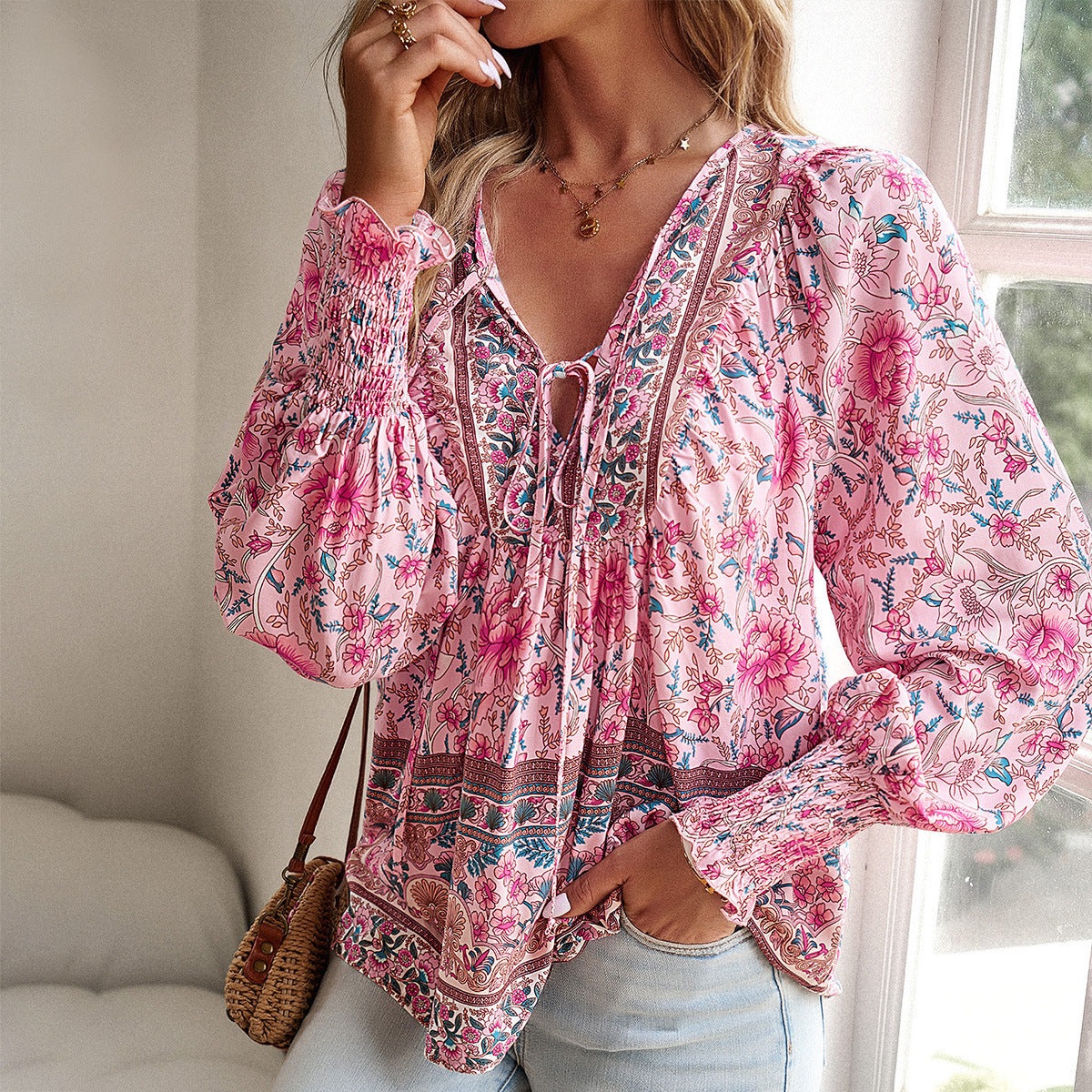 European And American Printed Shirt Women V-neck Long Sleeve Top