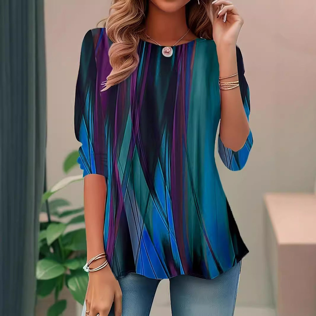 Women's Clothing Digital Printed Round Neck Loose Long Sleeve Top