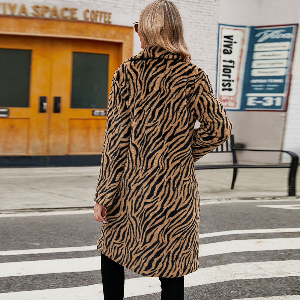 European And American Fashion Leisure Suit Collar Artificial Leather Fur Coat Zebra Pattern Plush Long Coat Autumn And Winter