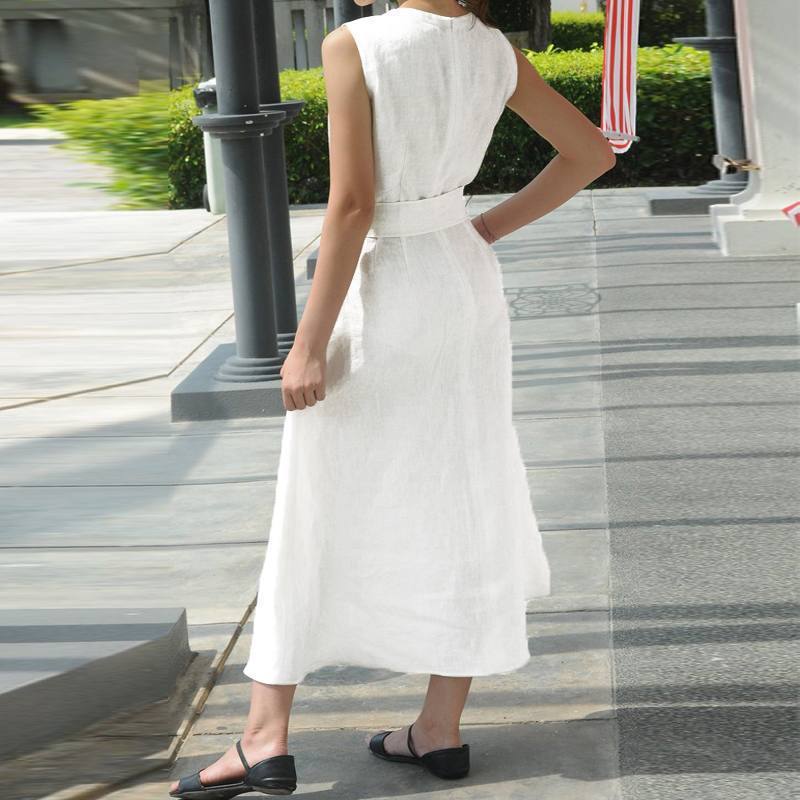 V-neck Waist-slimming Belt Cotton Linen Slit Hemline At Hem Sleeveless Dress