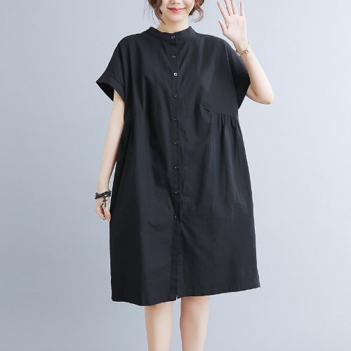 Literary Loose Plain Cotton And Linen Stand Collar Short Sleeves